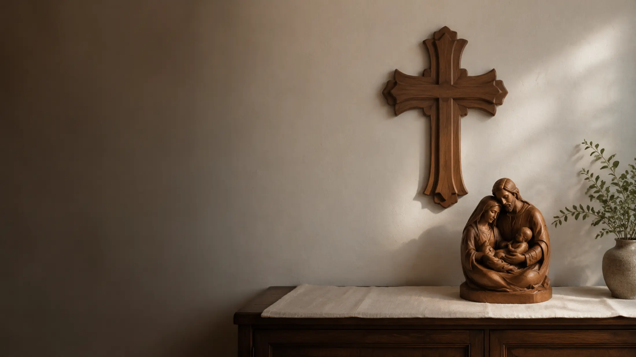 Solid wood cross and Holy Family sculpture in a warm home interior