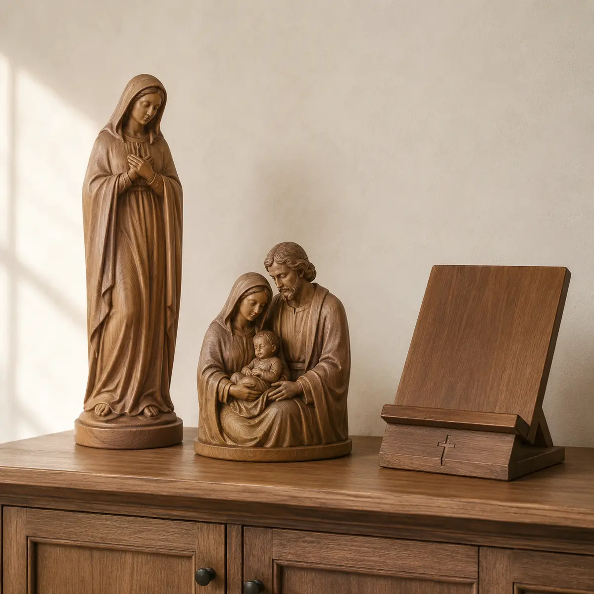 Wooden Virgin Mary and Holy Family statues in a softly lit home