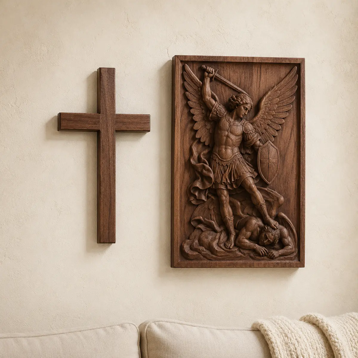 Solid walnut cross and Saint Michael relief displayed on a warm ivory wall