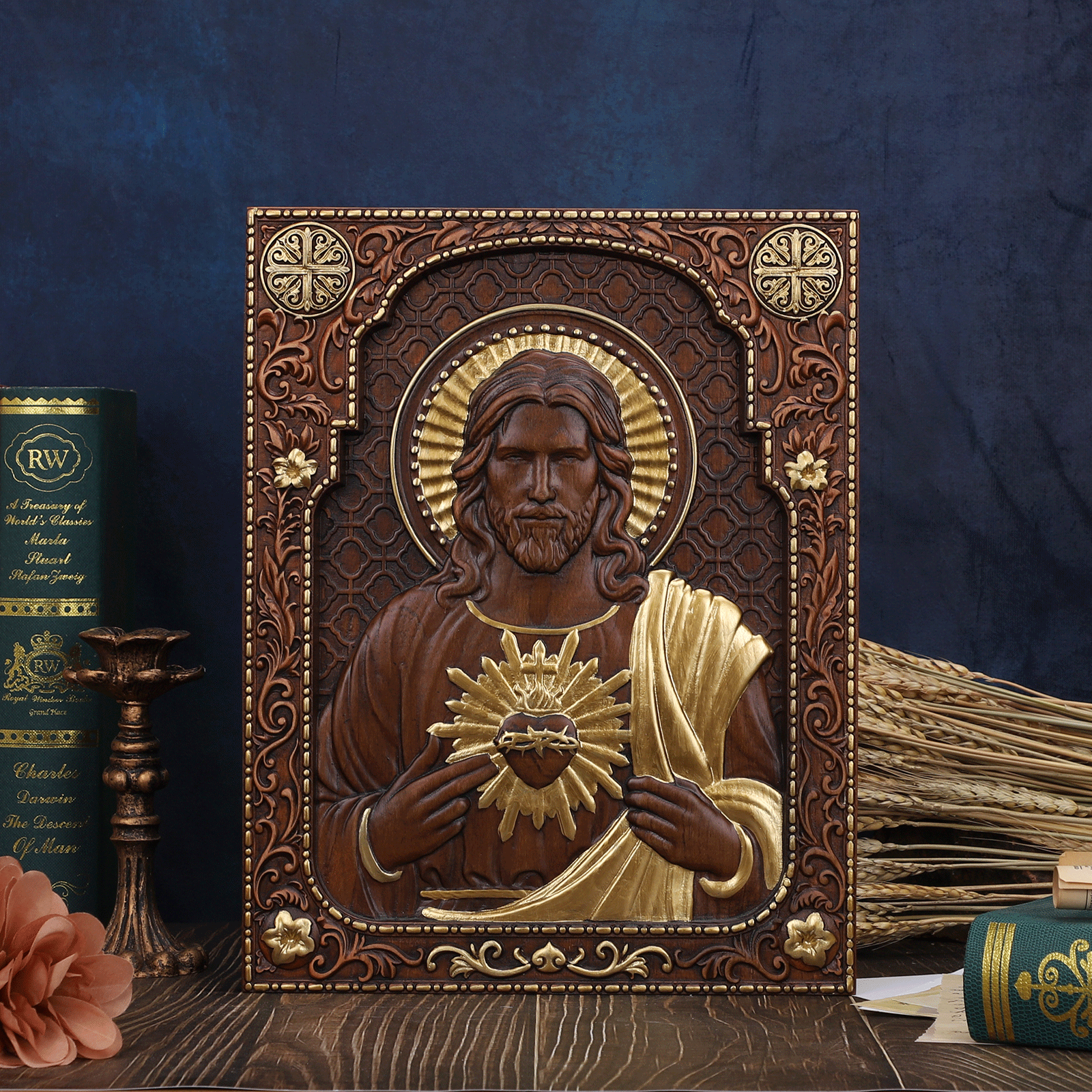 Sacred Heart of Jesus Wood Carved Painting Catholic Icon of Our Lord Christian gift Religious Wall Hanging Crafts