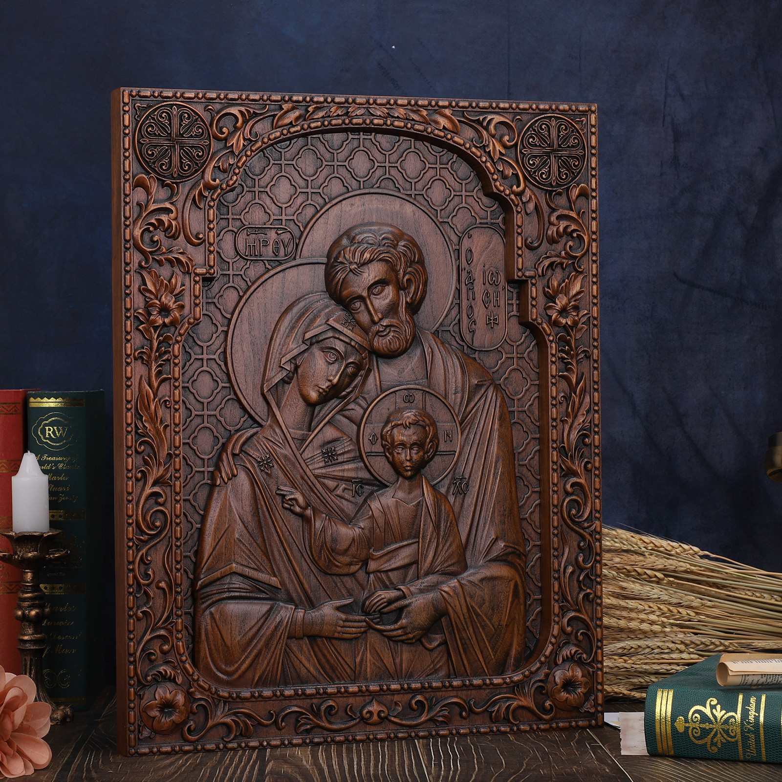 High-Quality Hand-Carved Cherry Wood Holy Family Wall Plaque - Vintage Religious Decor - 图片 2