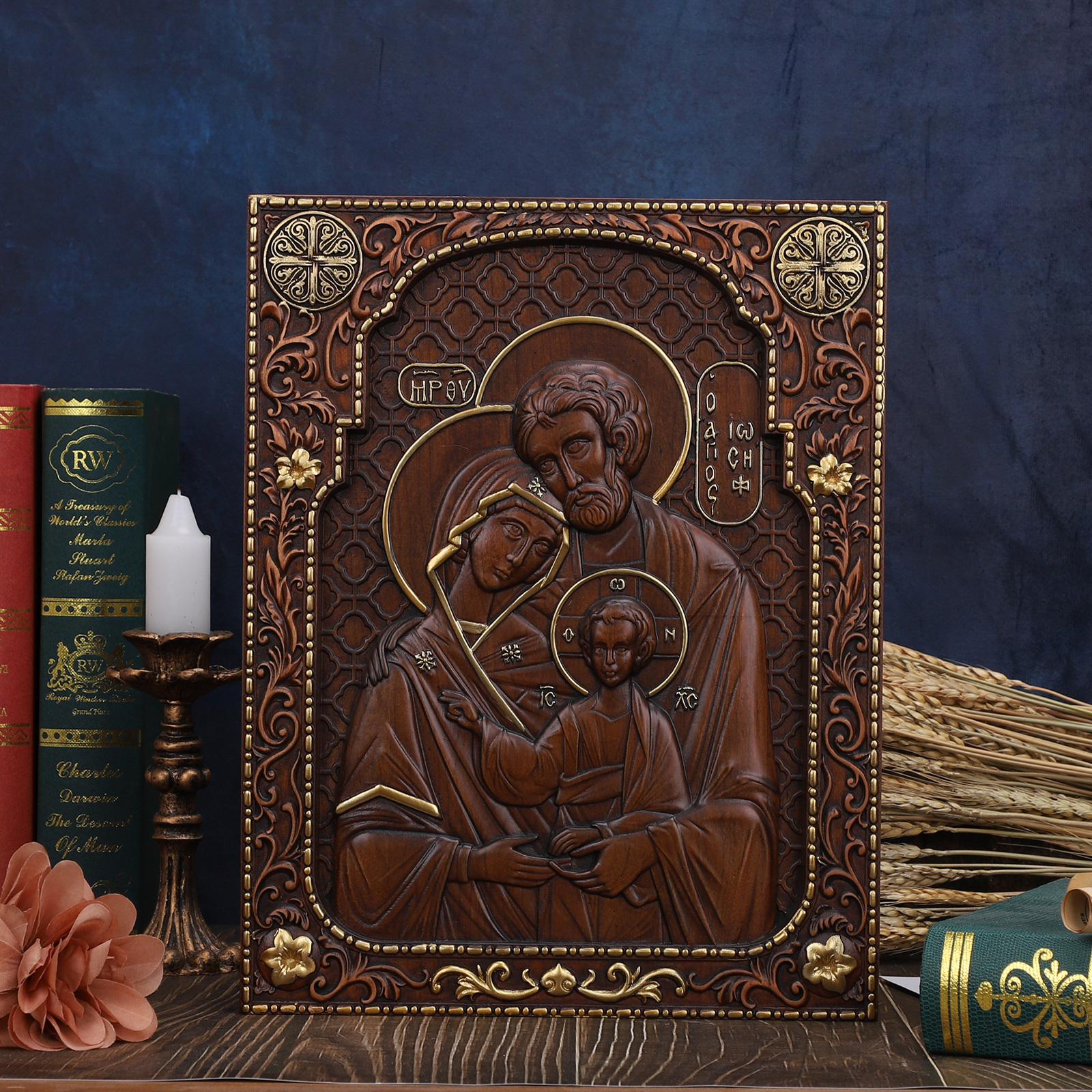High-Quality Hand-Carved Cherry Wood Holy Family Wall Plaque - Vintage Religious Decor - 图片 3