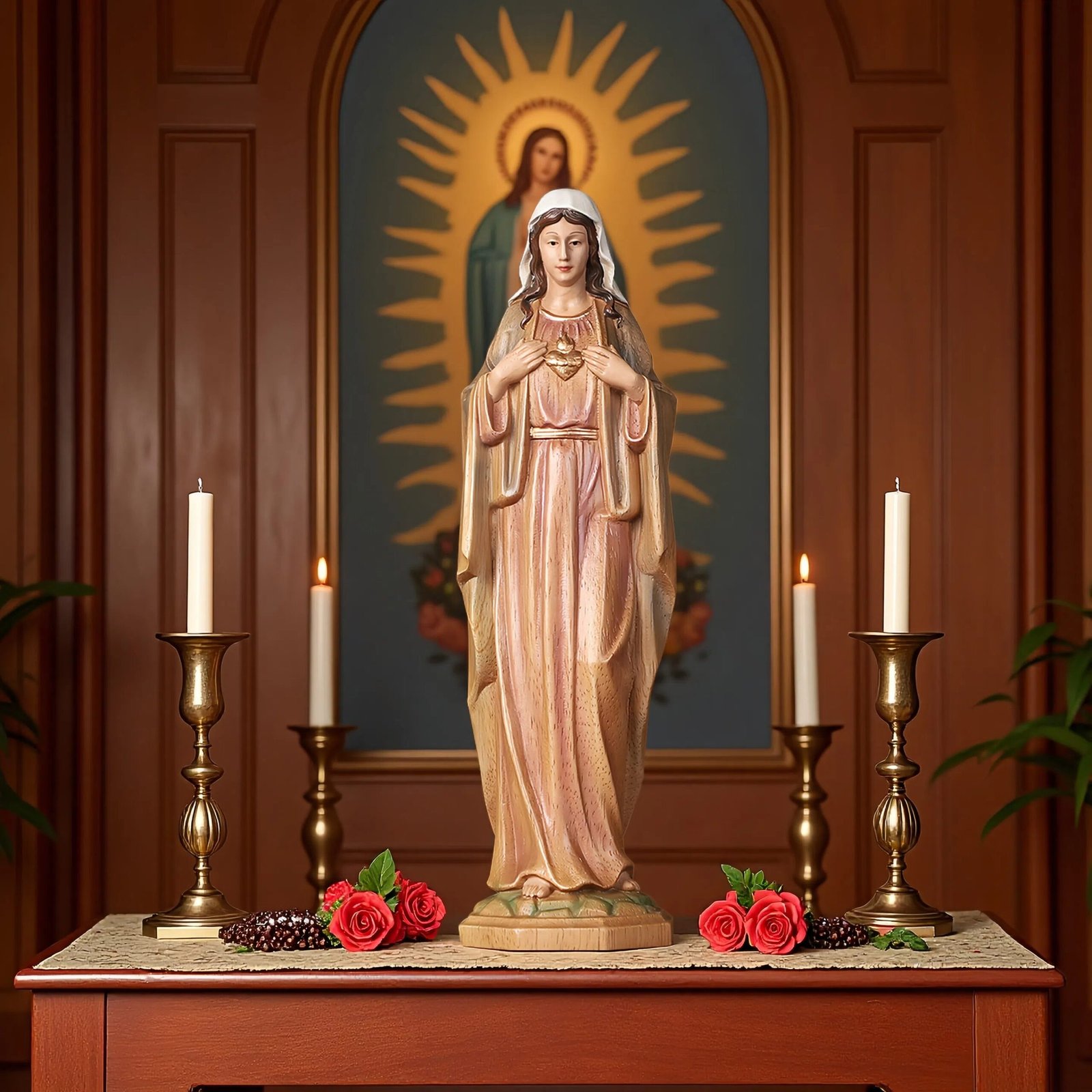 Hand-Carved Sacred Heart Mary Statue - Catholic Wood Sculpture, Hand-Painted Altar Decor, Christian Gift - Image 2