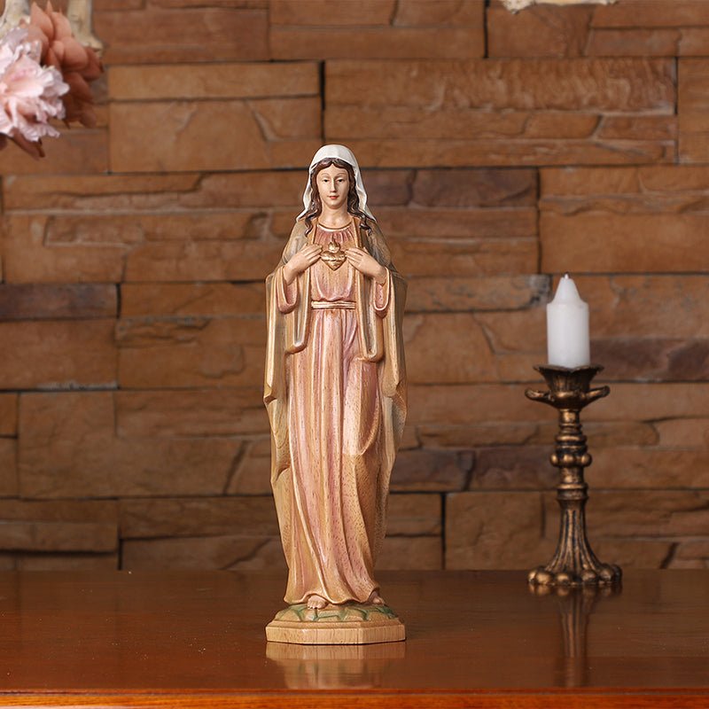 Hand-Carved Sacred Heart Mary Statue - Catholic Wood Sculpture, Hand-Painted Altar Decor, Christian Gift - Image 13