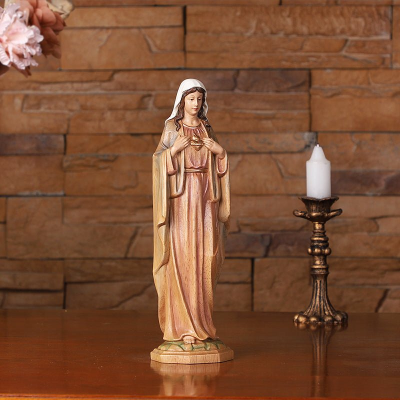 Hand-Carved Sacred Heart Mary Statue - Catholic Wood Sculpture, Hand-Painted Altar Decor, Christian Gift - Image 14