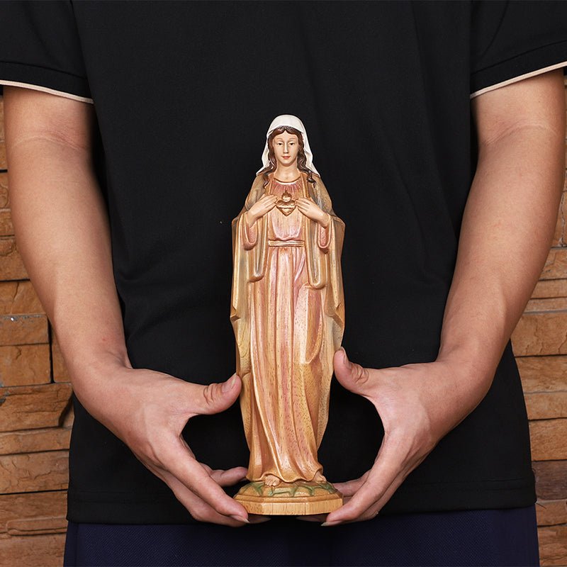 Hand-Carved Sacred Heart Mary Statue - Catholic Wood Sculpture, Hand-Painted Altar Decor, Christian Gift - Image 9