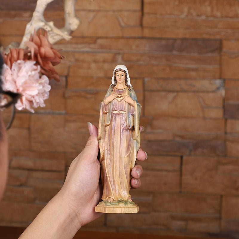 Hand-Carved Sacred Heart Mary Statue - Catholic Wood Sculpture, Hand-Painted Altar Decor, Christian Gift - Image 10