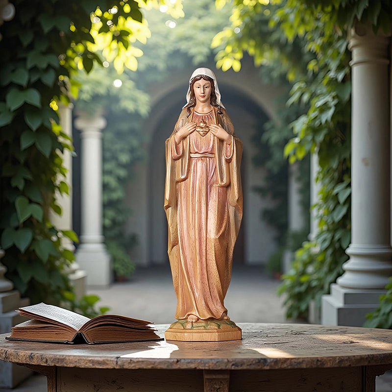 Hand-Carved Sacred Heart Mary Statue - Catholic Wood Sculpture, Hand-Painted Altar Decor, Christian Gift - Image 5