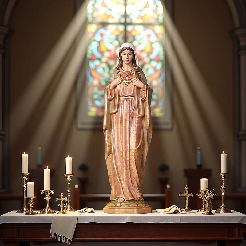 Hand-Carved Sacred Heart Mary Statue - Catholic Wood Sculpture, Hand-Painted Altar Decor, Christian Gift - Image 3