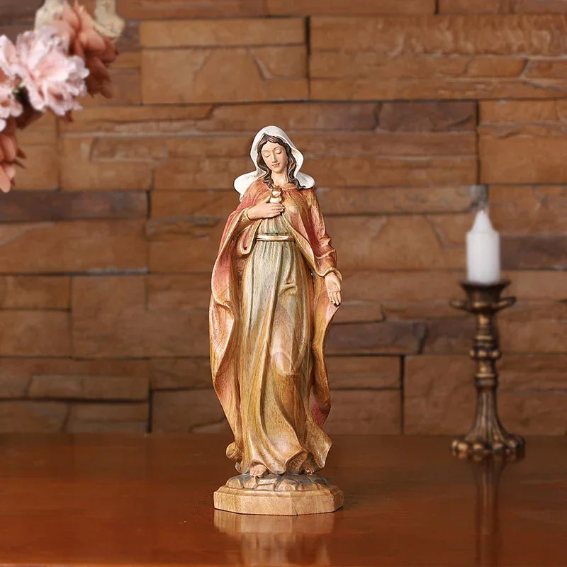 Hand-Carved Virgin Mary Statue - Catholic Painted Wood Sculpture for Home Altar & Prayer - Image 13