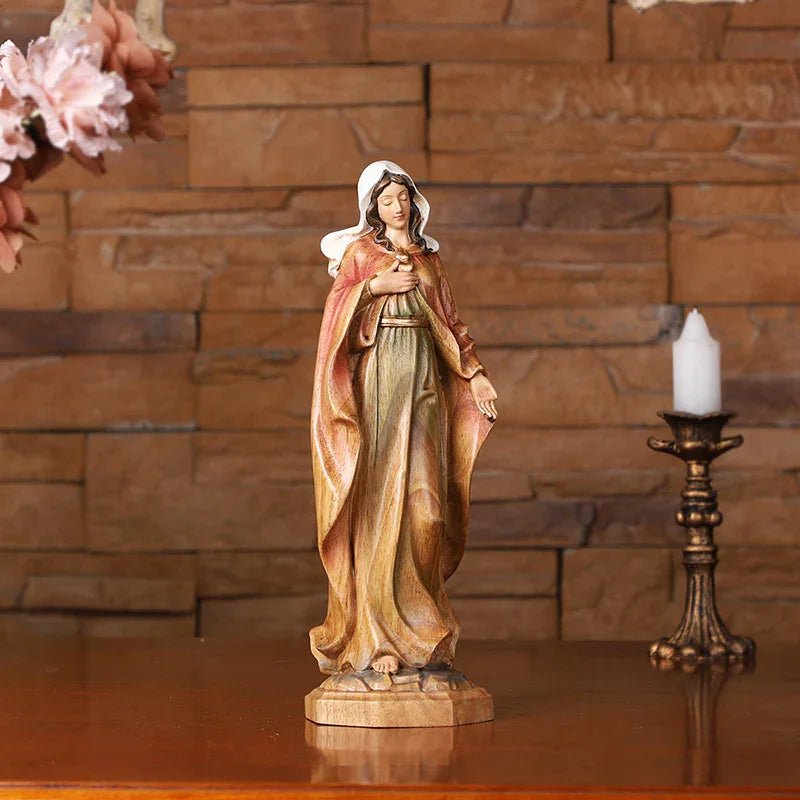 Hand-Carved Virgin Mary Statue - Catholic Painted Wood Sculpture for Home Altar & Prayer - Image 10