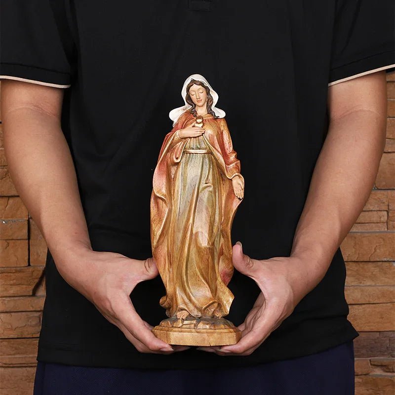 Hand-Carved Virgin Mary Statue - Catholic Painted Wood Sculpture for Home Altar & Prayer - Image 9