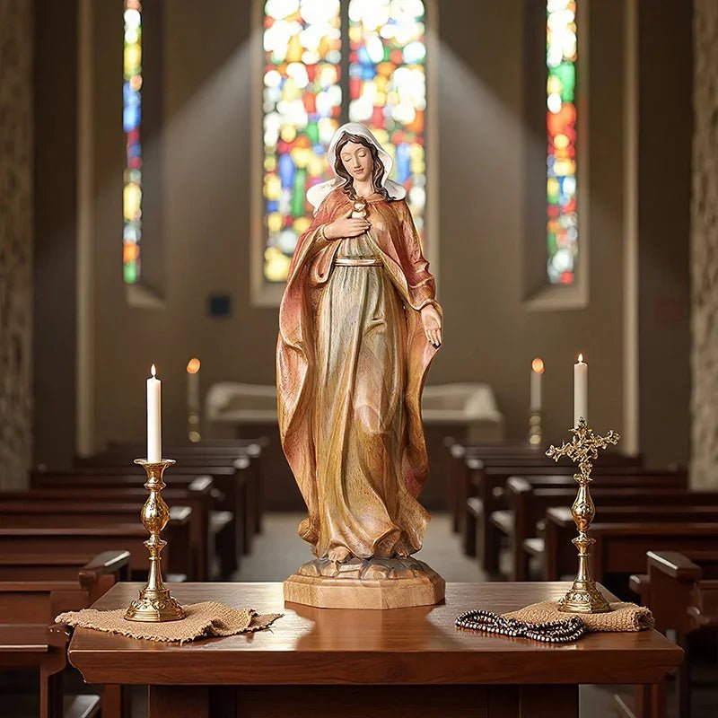 Hand-Carved Virgin Mary Statue - Catholic Painted Wood Sculpture for Home Altar & Prayer - Image 2