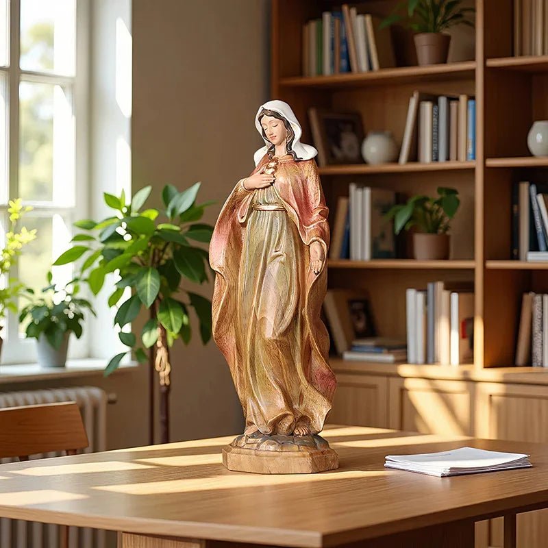 Hand-Carved Virgin Mary Statue - Catholic Painted Wood Sculpture for Home Altar & Prayer - Image 6