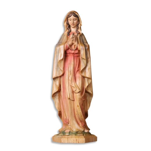 Hand-Painted Virgin Mary Statue - Catholic Praying Hands with Crucifix Necklace - Wood Carving Religious Art
