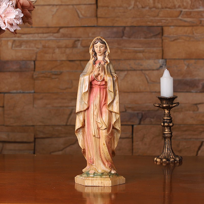 Hand-Painted Virgin Mary Statue - Catholic Praying Hands with Crucifix Necklace - Wood Carving Religious Art - Image 14