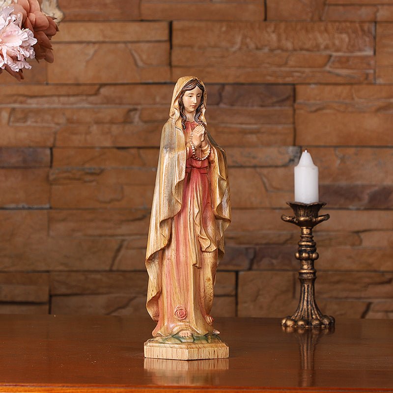 Hand-Painted Virgin Mary Statue - Catholic Praying Hands with Crucifix Necklace - Wood Carving Religious Art - Image 15