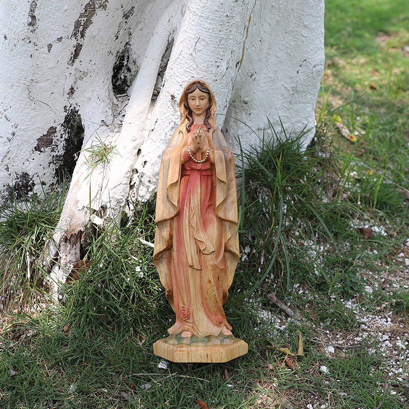 Hand-Painted Virgin Mary Statue - Catholic Praying Hands with Crucifix Necklace - Wood Carving Religious Art - Image 13