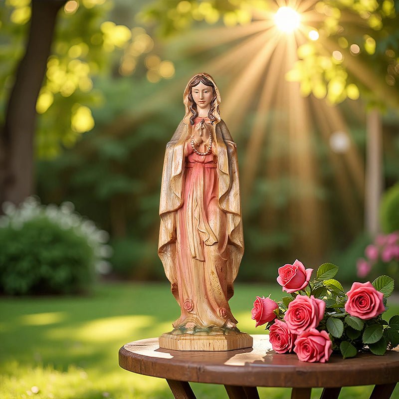 Hand-Painted Virgin Mary Statue - Catholic Praying Hands with Crucifix Necklace - Wood Carving Religious Art - Image 7