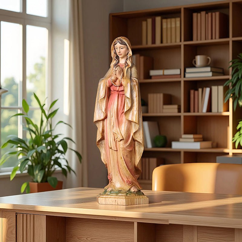Hand-Painted Virgin Mary Statue - Catholic Praying Hands with Crucifix Necklace - Wood Carving Religious Art - Image 8