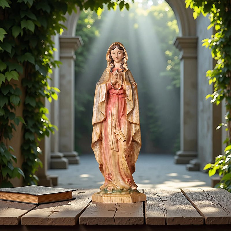 Hand-Painted Virgin Mary Statue - Catholic Praying Hands with Crucifix Necklace - Wood Carving Religious Art - Image 2