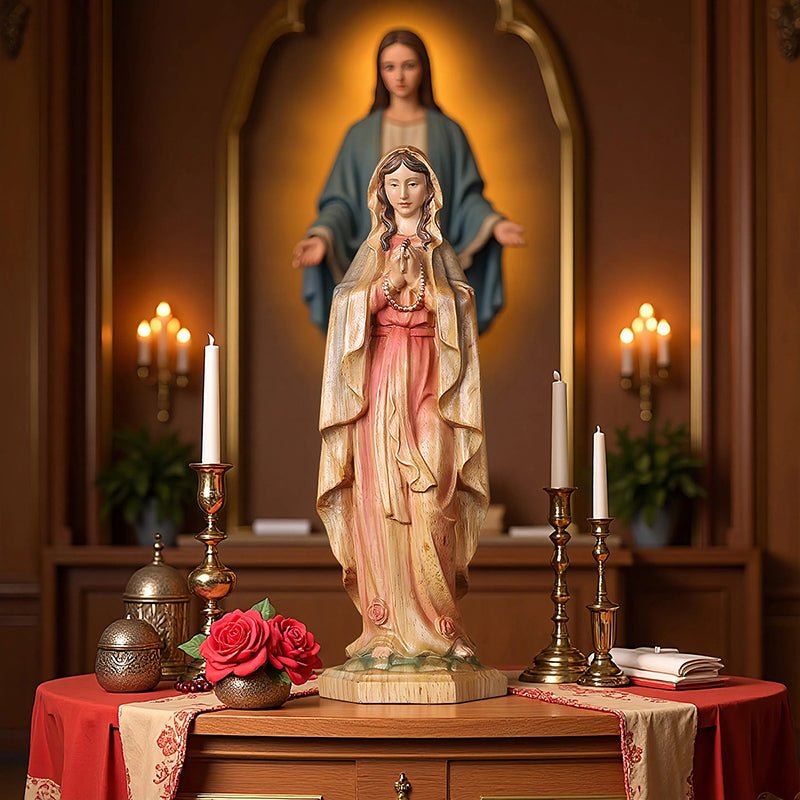 Hand-Painted Virgin Mary Statue - Catholic Praying Hands with Crucifix Necklace - Wood Carving Religious Art - Image 5
