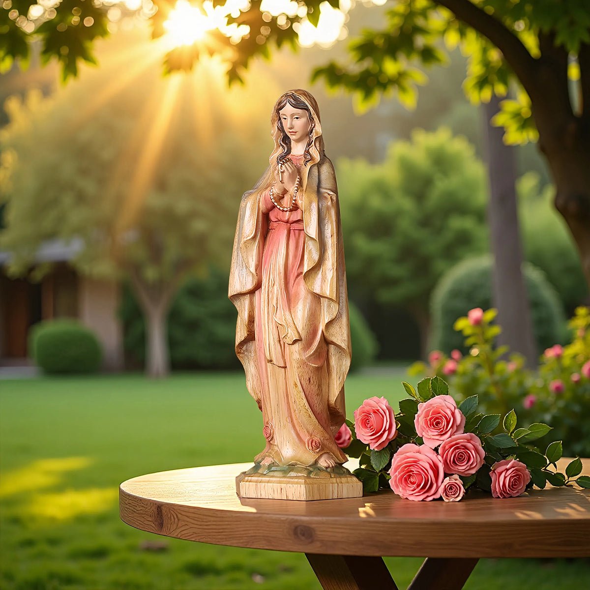 Hand-Painted Virgin Mary Statue - Catholic Praying Hands with Crucifix Necklace - Wood Carving Religious Art - Image 6