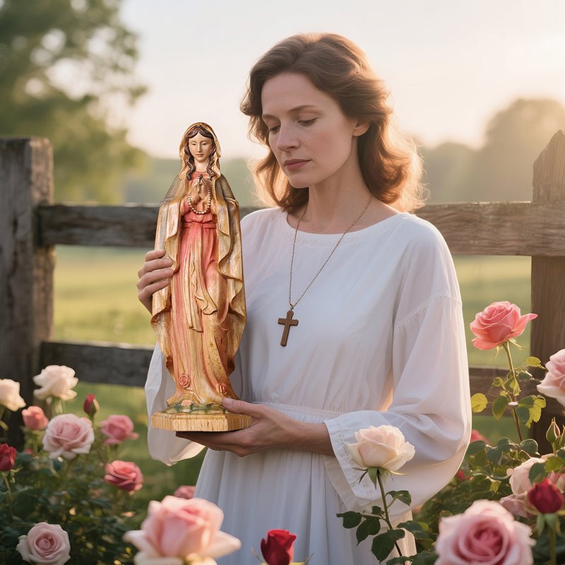 Hand-Painted Virgin Mary Statue - Catholic Praying Hands with Crucifix Necklace - Wood Carving Religious Art - Image 9