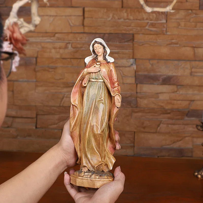 Hand-Carved Virgin Mary Statue - Catholic Painted Wood Sculpture for Home Altar & Prayer - Image 11