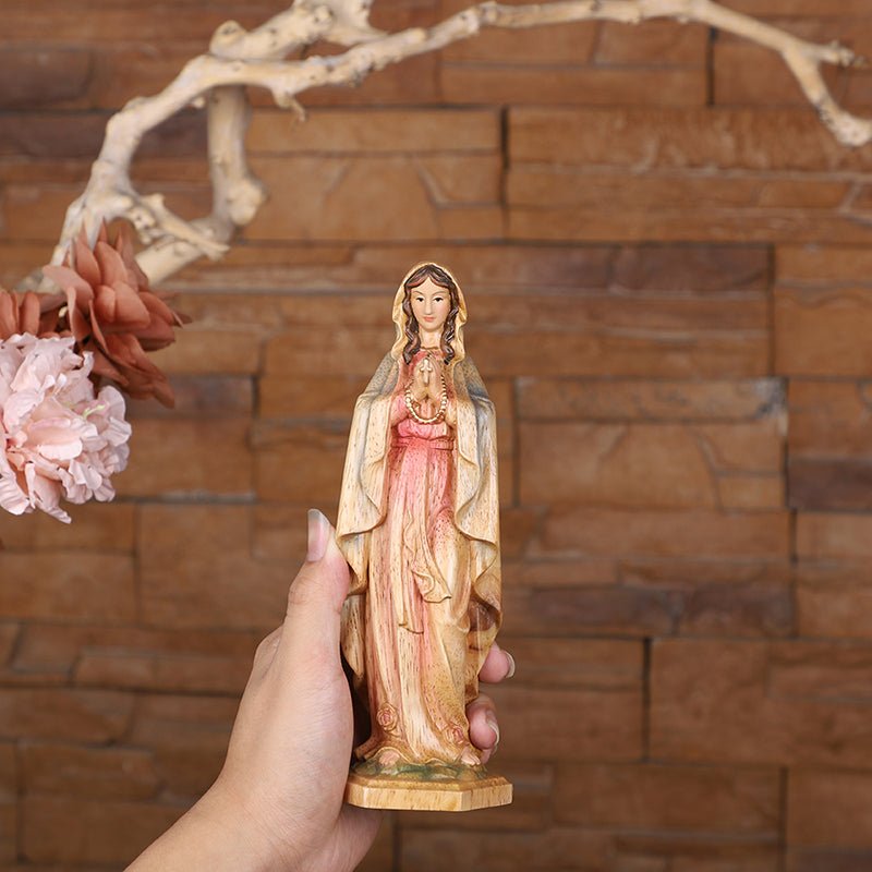 Hand-Painted Virgin Mary Statue - Catholic Praying Hands with Crucifix Necklace - Wood Carving Religious Art - Image 19