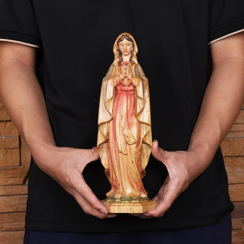 Hand-Painted Virgin Mary Statue - Catholic Praying Hands with Crucifix Necklace - Wood Carving Religious Art - Image 10