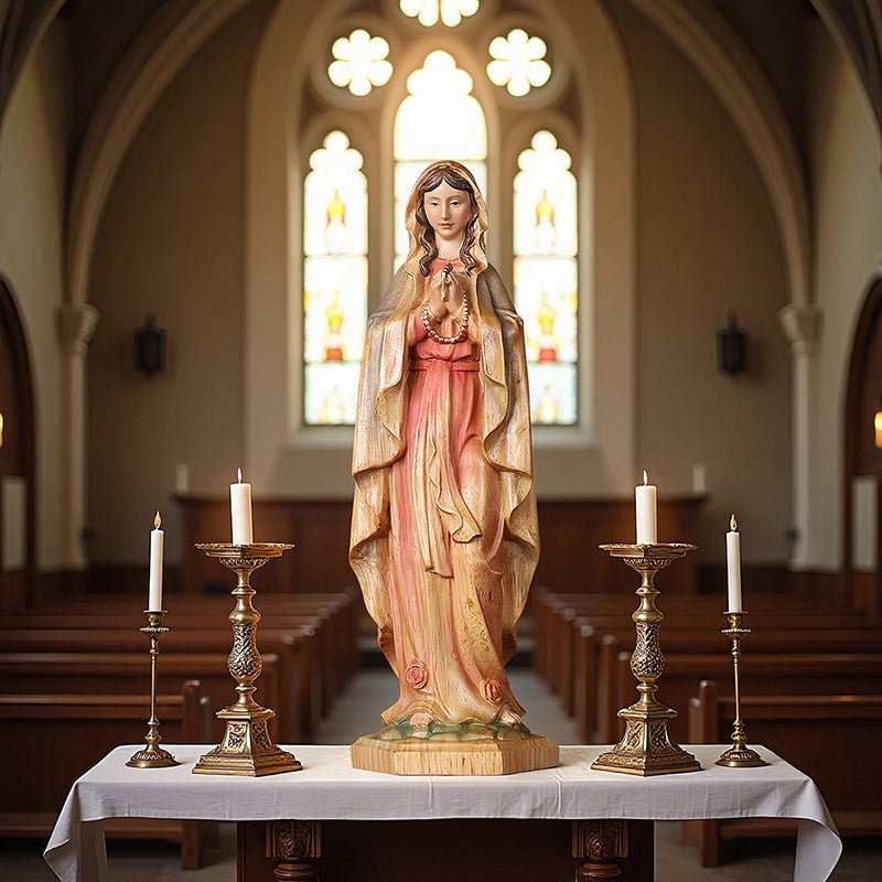 Hand-Painted Virgin Mary Statue - Catholic Praying Hands with Crucifix Necklace - Wood Carving Religious Art - Image 3